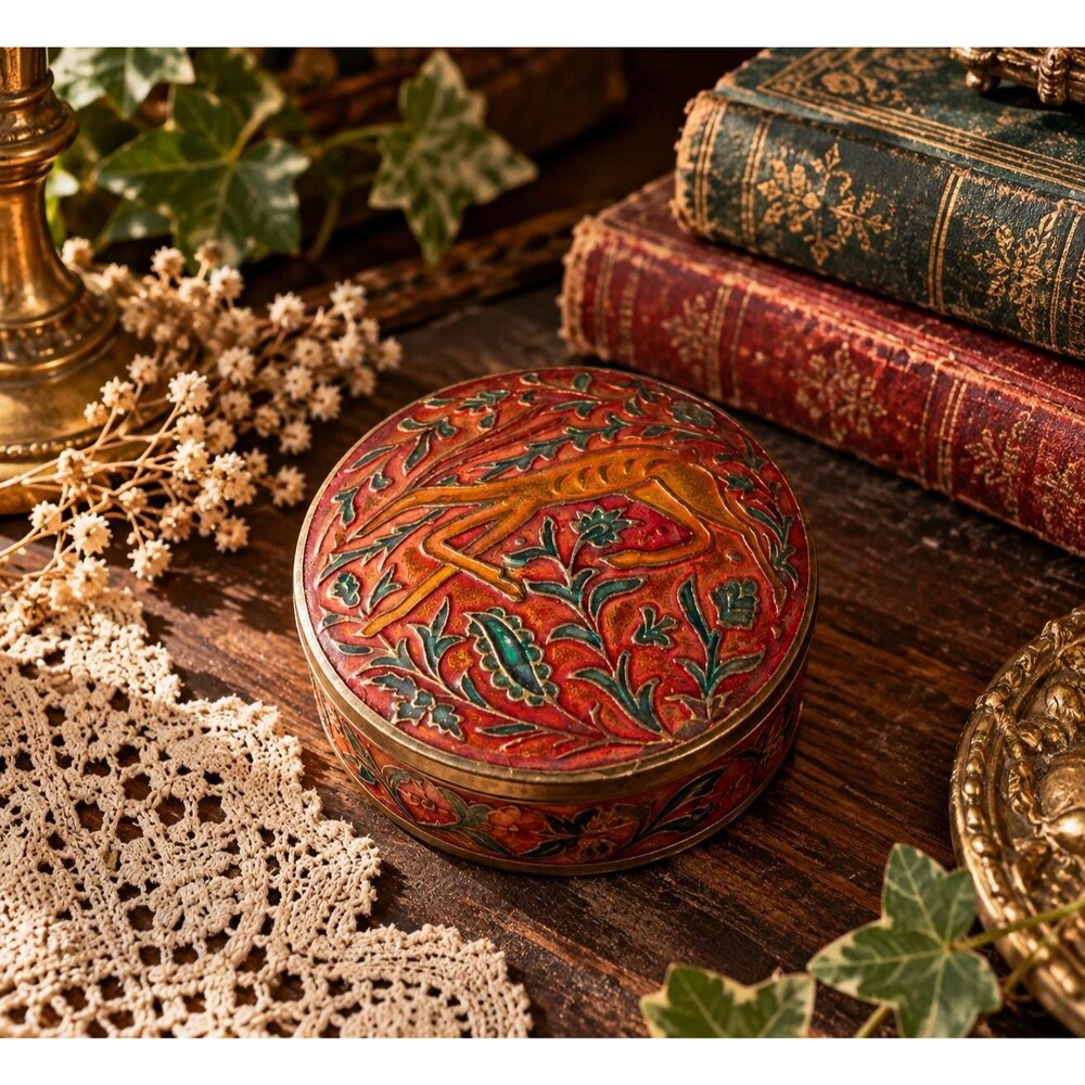 Vintage Brass Enamel Trinket Box Deer Floral Red Green Gold Round Jewelry Box